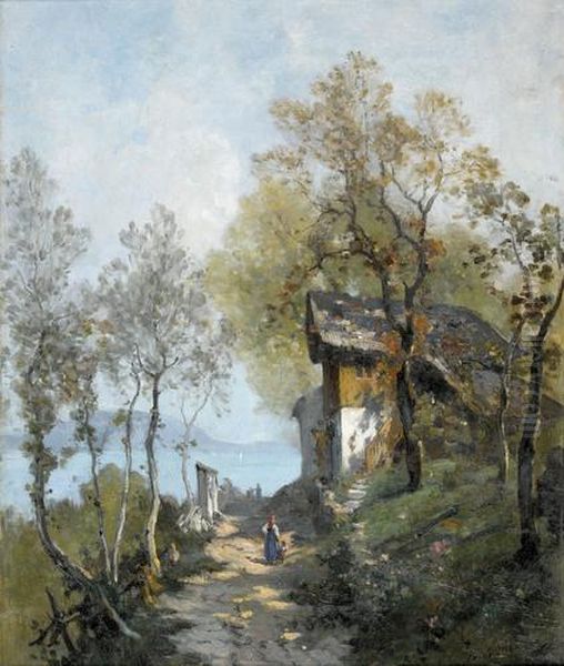 Sonnige Wegpartie Mit Bauerin Und Kind Oil Painting by Francois Louis Fritz De Niederhausern