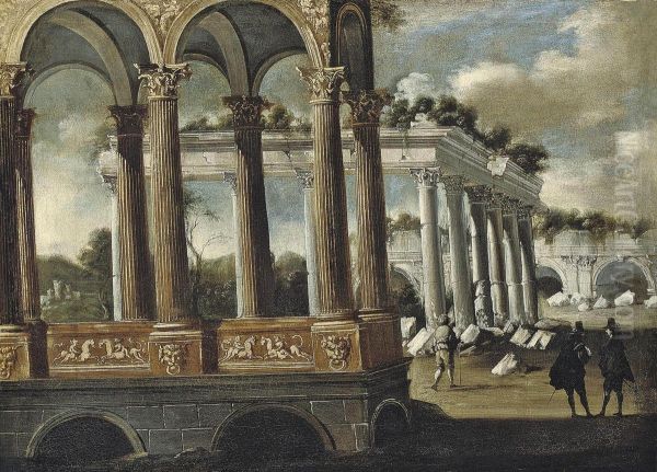 An Architectural Capriccio With Elegant Figures Conversing Oil Painting by Francois de Nome (Monsu, Desiderio)