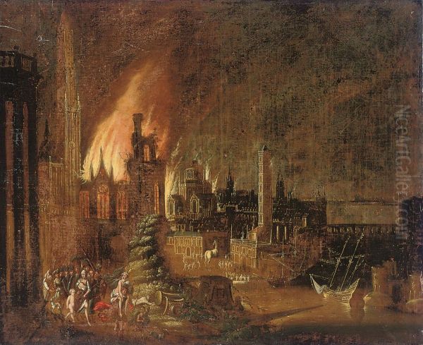 Aeneas Fleeing Burning Troy With Anchises And Ascanius Oil Painting by Francois de Nome (Monsu, Desiderio)