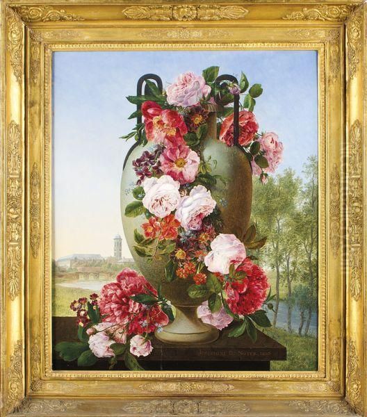 Vase De Fleurs Sur Un Entablement Sur Fond De Paysage Oil Painting by Noter David De