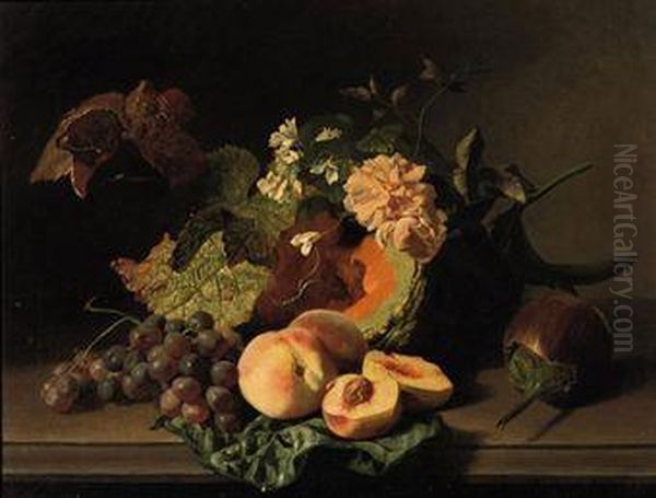 Roses, Peaches, Grapes And Other Fruits And Flowers On Aledge Oil Painting by Noter David De