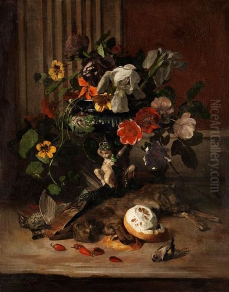 Blumenstilleben Mit Erlegten Wildhasen, Vogeln Und Einer Zitrone Oil Painting by David Emil Joseph de Noter