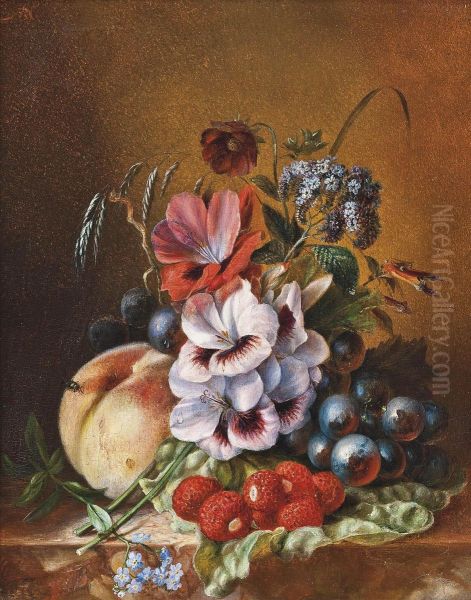 Still Life With Lychees, Peaches, Grapes And Various Summer Flowers On A Ledge Oil Painting by David Emil Joseph de Noter