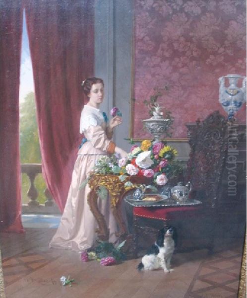 An Interior With A Woman Arranging Flowers An Expectant Dog Seated Beside A Tea Tray Oil Painting by David Emil Joseph de Noter