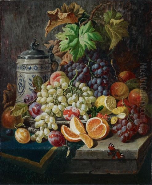 Stillleben Mit Weintrauben, Fruchten Und Steinzeugkrug Oil Painting by David Emil Joseph de Noter