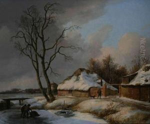 Winterlandschap Bij Boerderij Met Personages En Wak In Het Ijs Oil Painting by Pierre Francois de Noter