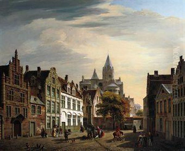 View Of A Busy Square In Summer, Ghent Oil Painting by Pierre Francois de Noter