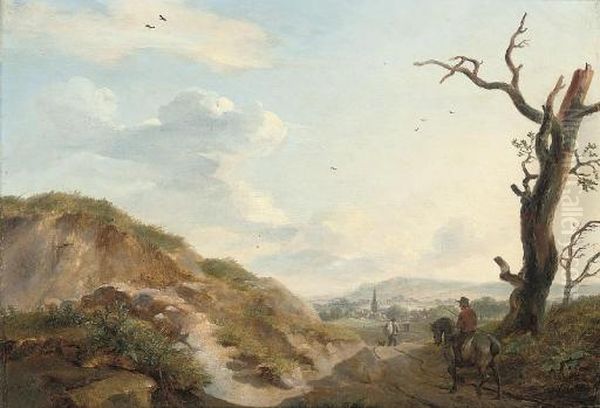 A Dune Landscape With Travellers On A Track And A Village Beyond Oil Painting by Pierre Francois de Noter