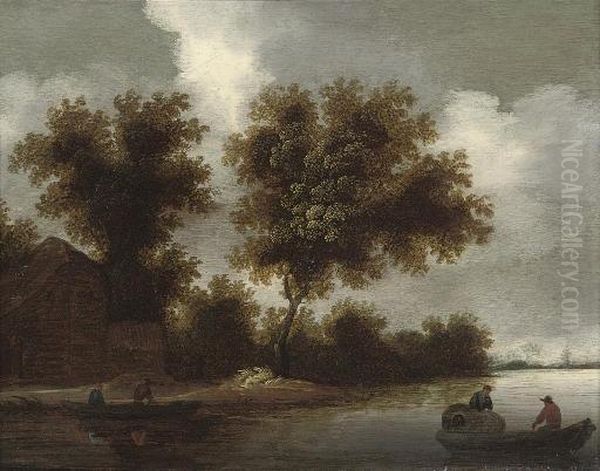 A Wooded River Landscape With Rowing Boats And Peasants By A Farmhouse Oil Painting by Pieter de Neyn