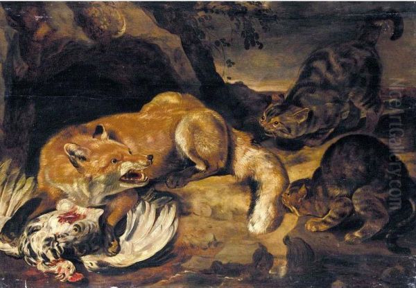 A Fox Guarding A Chicken From Two Cats Oil Painting by Pieter de Neyn