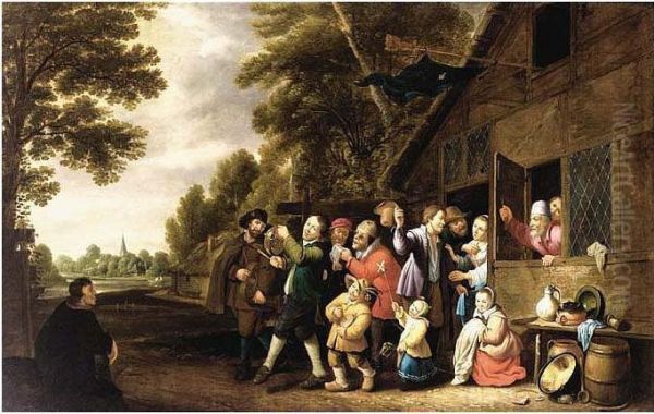 A Procession Of Peasants Leaving A Country Inn, Playing Musical Oil Painting by Pieter de Neyn