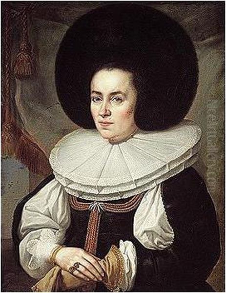 Portrait Of A Lady, Half-length, Wearing A Black Dress With A Broad Lace Ruff And Fur Hat Oil Painting by Pieter de Neyn