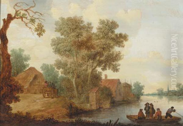 A Ferry On A River With Travellers On A Horse Drawn Wagon Oil Painting by Pieter de Neyn