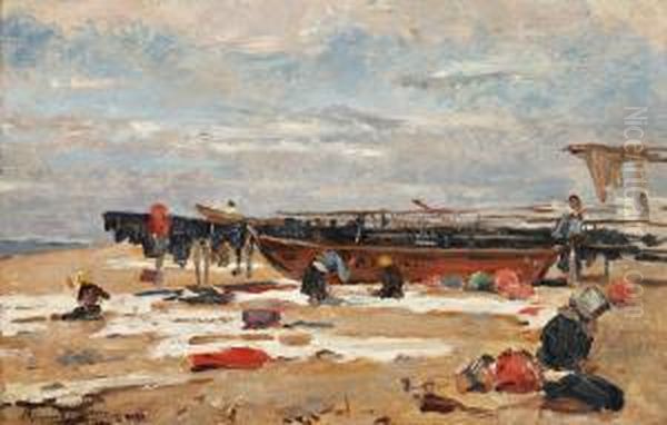 Vista De Praia Com Barcos E Mulheres Oil Painting by Marques De Oliveira