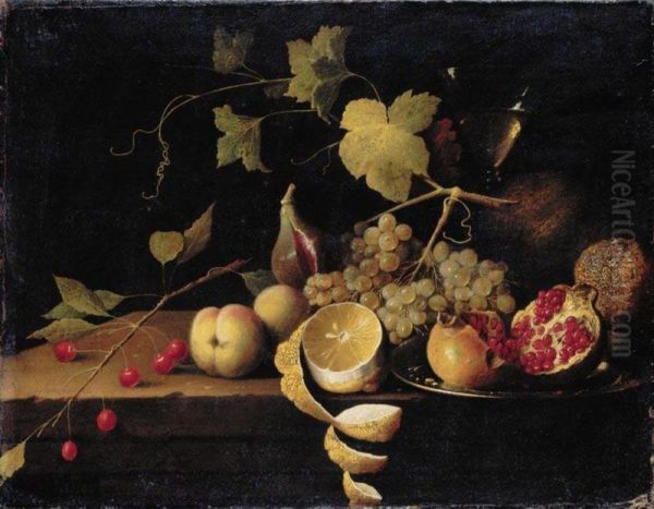 Still Life Of Cherries, Peaches, A Half-peeled Lemon, Grapes On A Vine, A Fig, And An Open Pomegranate On A Silver Platter, In Front Of A Tall Wine-glass Oil Painting by Thomas De Paep