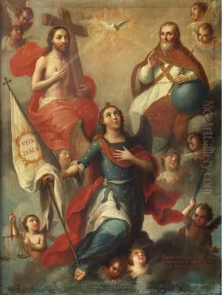 La Santisima Trinidad Y San Miguel Arcangel Oil Painting by Jose De Paez