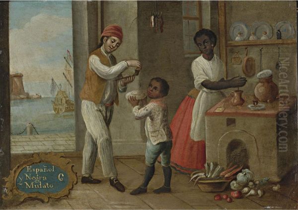 Espanol Y Negra Mulato And Collote E Yndia Hamizo Oil Painting by Jose De Paez