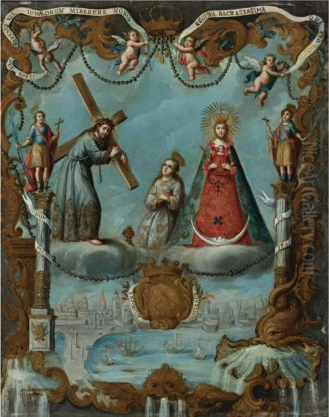 Alegoria De La Ciudad De Cadiz Con Jesus Nazareno Y Virgen Del Rosario Oil Painting by Jose De Paez