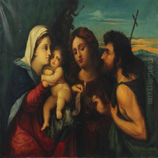 Madonna With The Child, Saint Catherine And Saint John Baptist Oil Painting by Palma Vecchio (Jacopo Negretti)