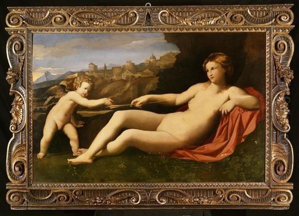 Venere E Amore Oil Painting by Palma Vecchio (Jacopo Negretti)