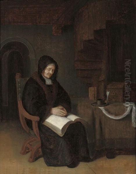 An Old Woman Reading In An Interior Oil Painting by Abraham de Pape