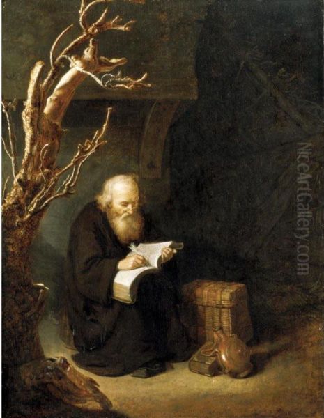 A Hermit Writing In His Book Oil Painting by Abraham de Pape