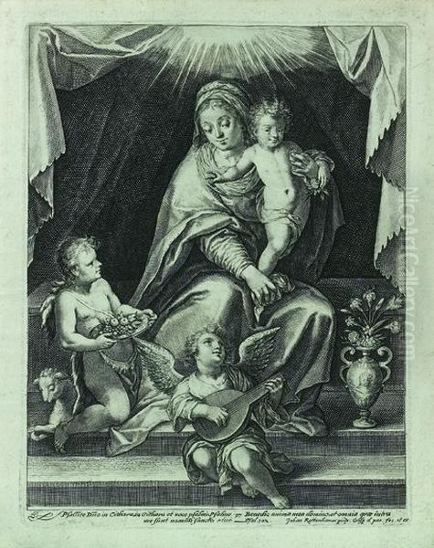 La Vierge Et L'enfant Jesus Avec Saint-jean D'apres J. Rottenhamer. 24 X 18,5. Et Autres Scenes De Nativites Ou De La Passion Du Christ Par Ou D'apres Les Sadeler, J. Stradam. In 4Â°. Burin Oil Painting by Crispijn van de Passe