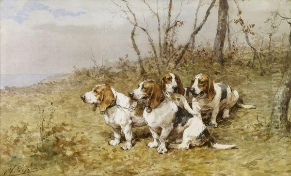 Le Relais De Chiens. 
Bassets Tricolores Oil Painting by Charles Olivier De Penne