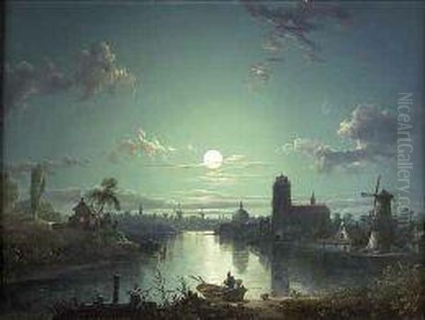 A Riverside Town By Moonlight Oil Painting by Sebastian De Pian