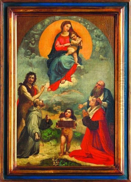 Contemplacion De La Virgen Maria Por Los Santos Oil Painting by Jose Salome De Pina