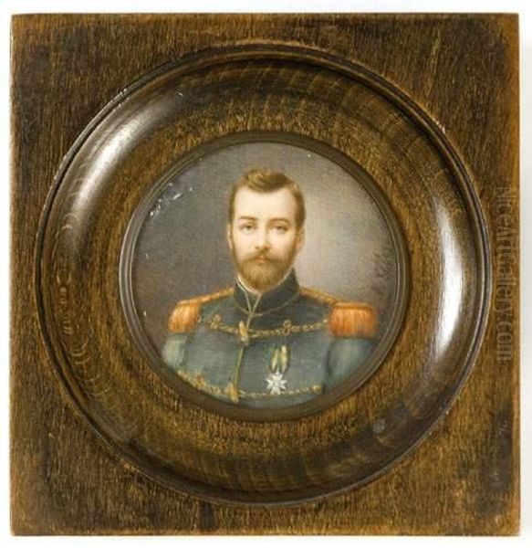 Portrait Miniature Sur Ivoire Signe N. Elbey, Representant L'empereur En Tenue D'officier. Oil Painting by Nicolas Ii De Poilly