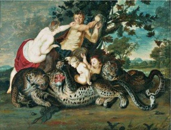 Leopards Avec Satyre Et Nymphe Oil Painting by Pierre Paul De Pommayrac