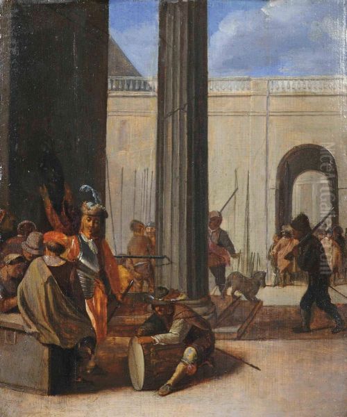 A 'kortegaardje': Soldiers Conversing Amongst Classical Buildings Oil Painting by Willem De Poorter