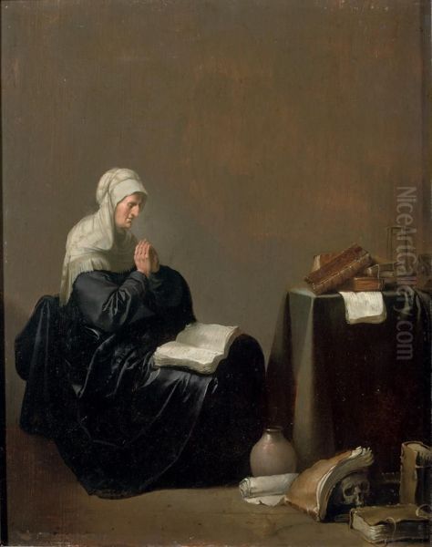 An Old Woman At Prayer With 'vanitas' Objects Nearby Oil Painting by Willem De Poorter