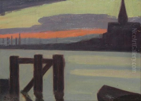 View Of The River Scheldt Near A Stockade At Sunset Oil Painting by Clement De Porre