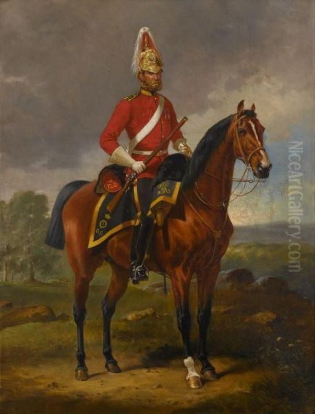 Portrait Of A British Dragoon Guard On Horseback Oil Painting by Alfred F. De Prades