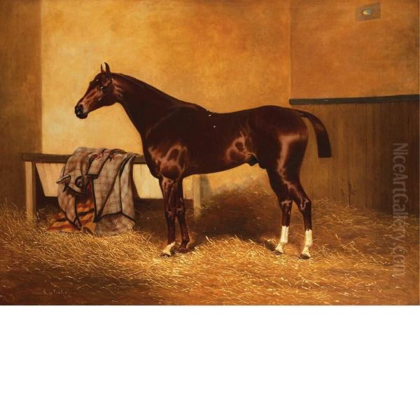 A Liver Chestnut Horse In A Stall Oil Painting by Alfred F. De Prades