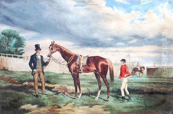 Study Of Teddington With His Trainer And Jockey Oil Painting by Alfred F. De Prades