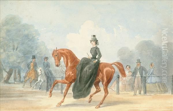 Views In Hydepark: Two Ladies In Their Carriage A Young Lady On Horseback Oil Painting by Alfred F. De Prades