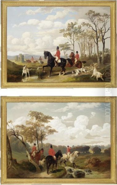 Huntsmen Following A Scent With Hounds; Huntsmen Crossing A Stream Oil Painting by Alfred F. De Prades