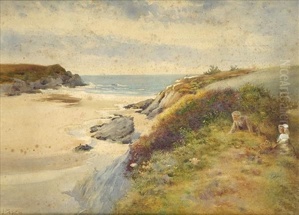 J** Prater The Picnic, Childrenon A Cliff Top Oil Painting by Jules De Praetere