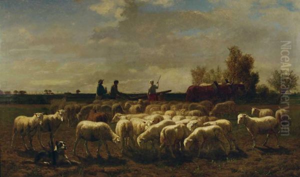 Landschaft Mit Schafherde Und Pflugenden Bauern. Oil Painting by Edmond De Pratere