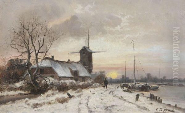 Jager Met Hond Bij Windmolen In Winters Landschap Oil Painting by Ferdinand De Prins