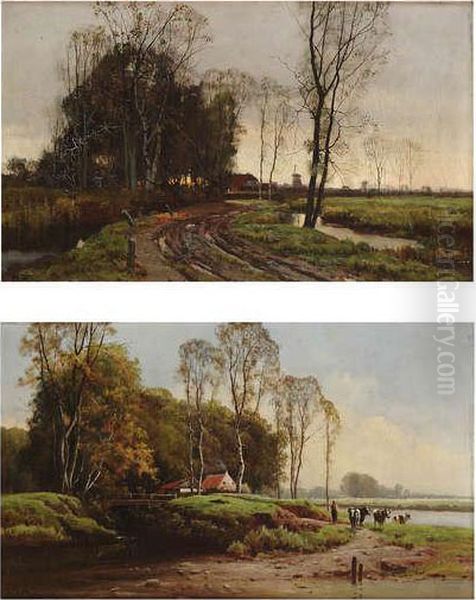 Landschap Met Landweggetje En Figuurbij Boerderij En Molen. Oil Painting by Ferdinand De Prins