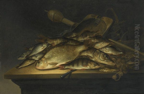 Still Life With Fish, Nets, Fishing Equipment And A Knife On A Table Oil Painting by Pieter de Putter