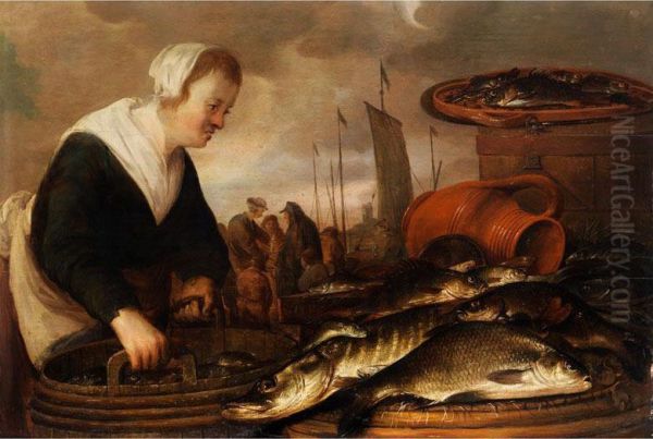 Fischersfrau Mit Grossem Fischbottichund Ausgelegten Fischen Neben Tonkrug Und Fischkasten Oil Painting by Pieter de Putter