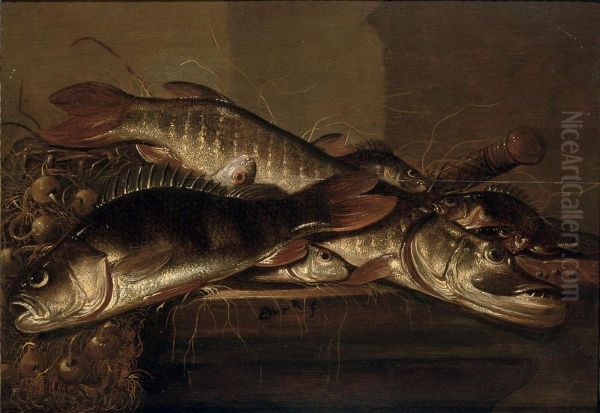 A Pike, Perch And Various Other Fish Together With Onions On Atable Oil Painting by Pieter de Putter