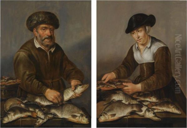 A Fisherman Holding A Pike, With Bream, Perch And Otherfreshwater Fish On A Table Oil Painting by Pieter de Putter