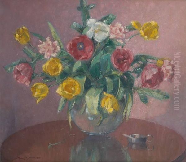 Vase Fleuri De Roses Et Depivoines Oil Painting by Mecislas De Rakowsky