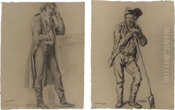 Two Studies Of Standing Men: One Leaning On A Spade, The Otheragainst A Mantelpiece Oil Painting by Philibert De Ranchicourt